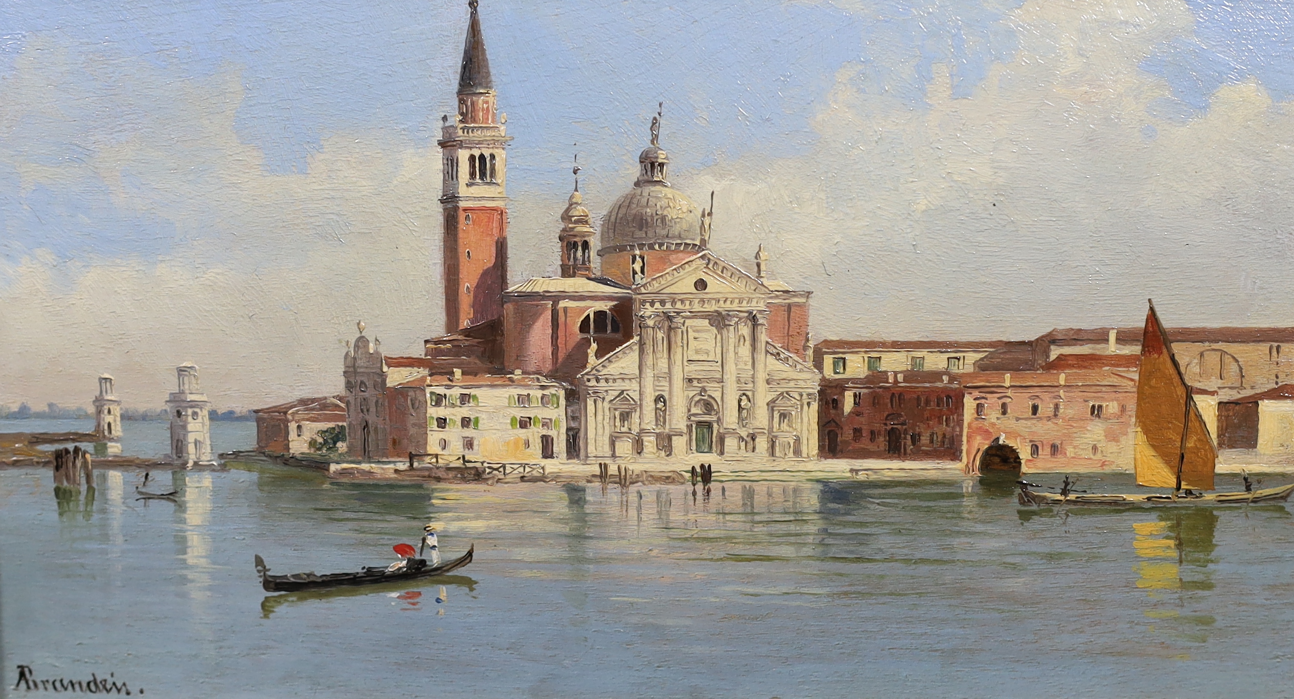 Antonietta Brandeis (Czech/Italian, 1849-1926), Isola and the church of San Giorgio Maggiore, Venice, oil on panel, 11.5 x 20.5cm, Please note this lot attracts an additional import tax of 5% on the hammer price